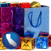 ca map icon and gift bags and boxes