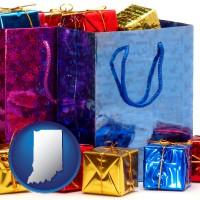 in map icon and gift bags and boxes