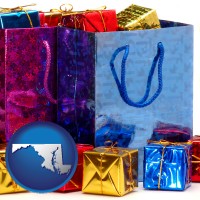 md map icon and gift bags and boxes
