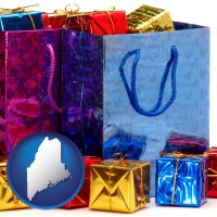 maine map icon and gift bags and boxes