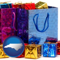 nc map icon and gift bags and boxes