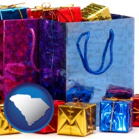 south-carolina map icon and gift bags and boxes