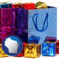 wi map icon and gift bags and boxes