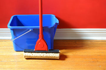 a bucket and mop on a hardwood floor