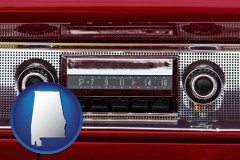 alabama map icon and a vintage car radio