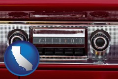 california map icon and a vintage car radio
