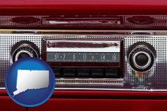 connecticut map icon and a vintage car radio