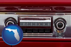 florida map icon and a vintage car radio