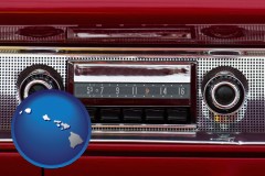 hawaii map icon and a vintage car radio