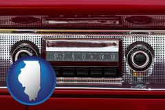 illinois map icon and a vintage car radio