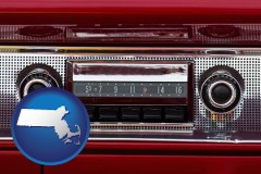 massachusetts map icon and a vintage car radio