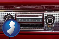 new-jersey map icon and a vintage car radio