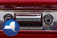 new-york map icon and a vintage car radio