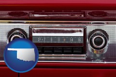 oklahoma map icon and a vintage car radio