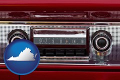 virginia map icon and a vintage car radio