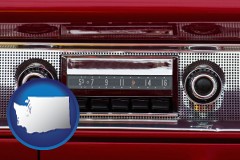 washington map icon and a vintage car radio
