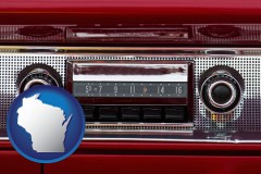 wisconsin map icon and a vintage car radio