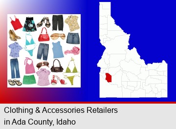 female clothing and accessories; Ada County highlighted in red on a map