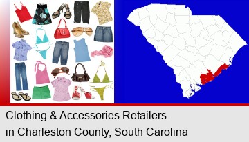 female clothing and accessories; Charleston County highlighted in red on a map