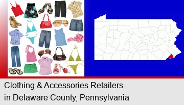 female clothing and accessories; Delaware County highlighted in red on a map