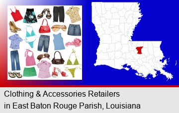 female clothing and accessories; East Baton Rouge Parish highlighted in red on a map