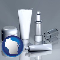 wisconsin map icon and cosmetics packaging