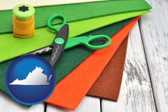 virginia map icon and craft supplies (colorful felt and a pair of scissors)