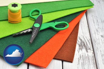 craft supplies (colorful felt and a pair of scissors) - with Virginia icon
