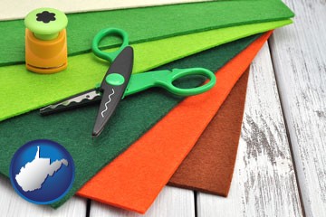 craft supplies (colorful felt and a pair of scissors) - with West Virginia icon