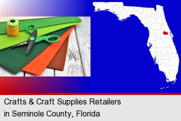 craft supplies (colorful felt and a pair of scissors); Seminole County highlighted in red on a map