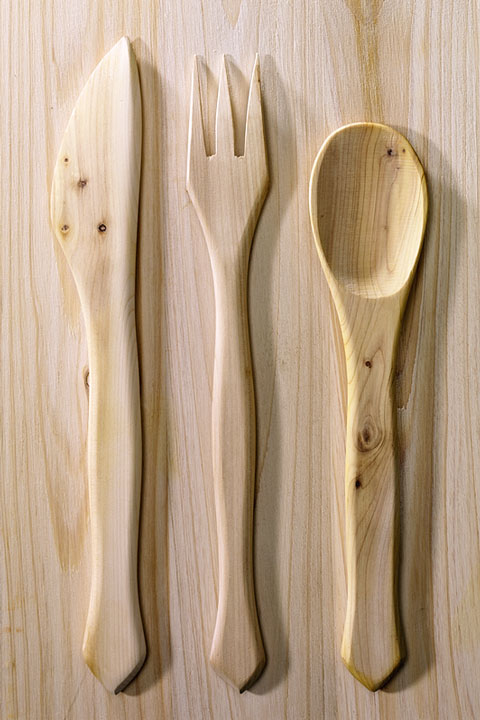 a wooden knife, fork, and spoon (large image)