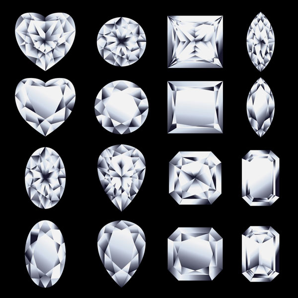 sixteen diamonds, showing various diamond cuts (large image)