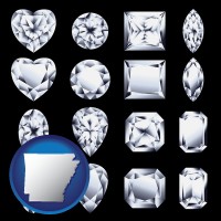 arkansas map icon and sixteen diamonds, showing various diamond cuts