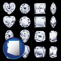 arizona map icon and sixteen diamonds, showing various diamond cuts