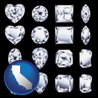 california map icon and sixteen diamonds, showing various diamond cuts