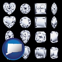 connecticut map icon and sixteen diamonds, showing various diamond cuts