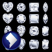 washington-dc map icon and sixteen diamonds, showing various diamond cuts