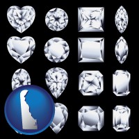 delaware map icon and sixteen diamonds, showing various diamond cuts