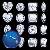 hawaii map icon and sixteen diamonds, showing various diamond cuts