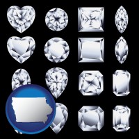 iowa map icon and sixteen diamonds, showing various diamond cuts