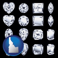 idaho map icon and sixteen diamonds, showing various diamond cuts