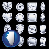illinois map icon and sixteen diamonds, showing various diamond cuts