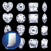 indiana map icon and sixteen diamonds, showing various diamond cuts