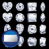 kansas map icon and sixteen diamonds, showing various diamond cuts