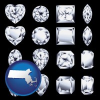 massachusetts map icon and sixteen diamonds, showing various diamond cuts