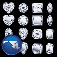 maryland map icon and sixteen diamonds, showing various diamond cuts
