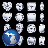 michigan map icon and sixteen diamonds, showing various diamond cuts