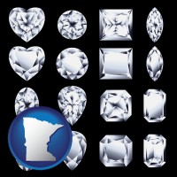minnesota map icon and sixteen diamonds, showing various diamond cuts