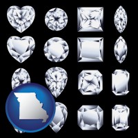missouri map icon and sixteen diamonds, showing various diamond cuts