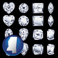 mississippi map icon and sixteen diamonds, showing various diamond cuts